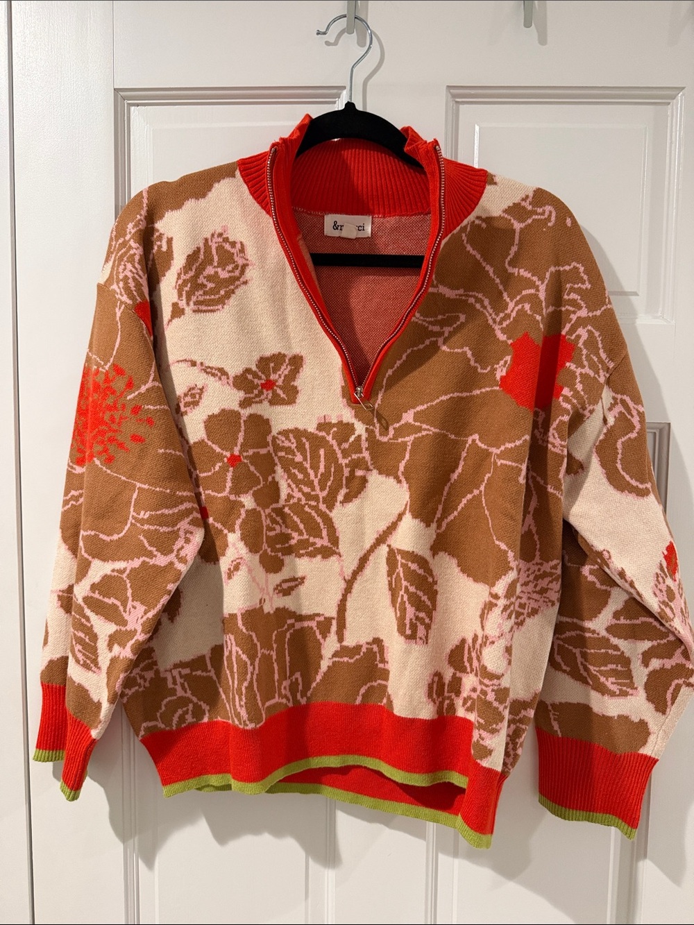 Floral Zip-Front Turtleneck Sweater in Tan, Cream & Red